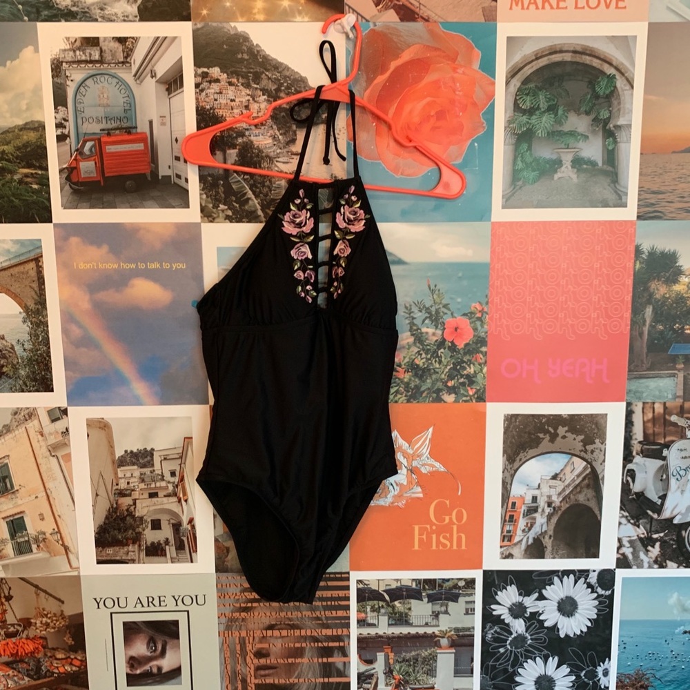 Black/ rose design cross neck open back swim suit